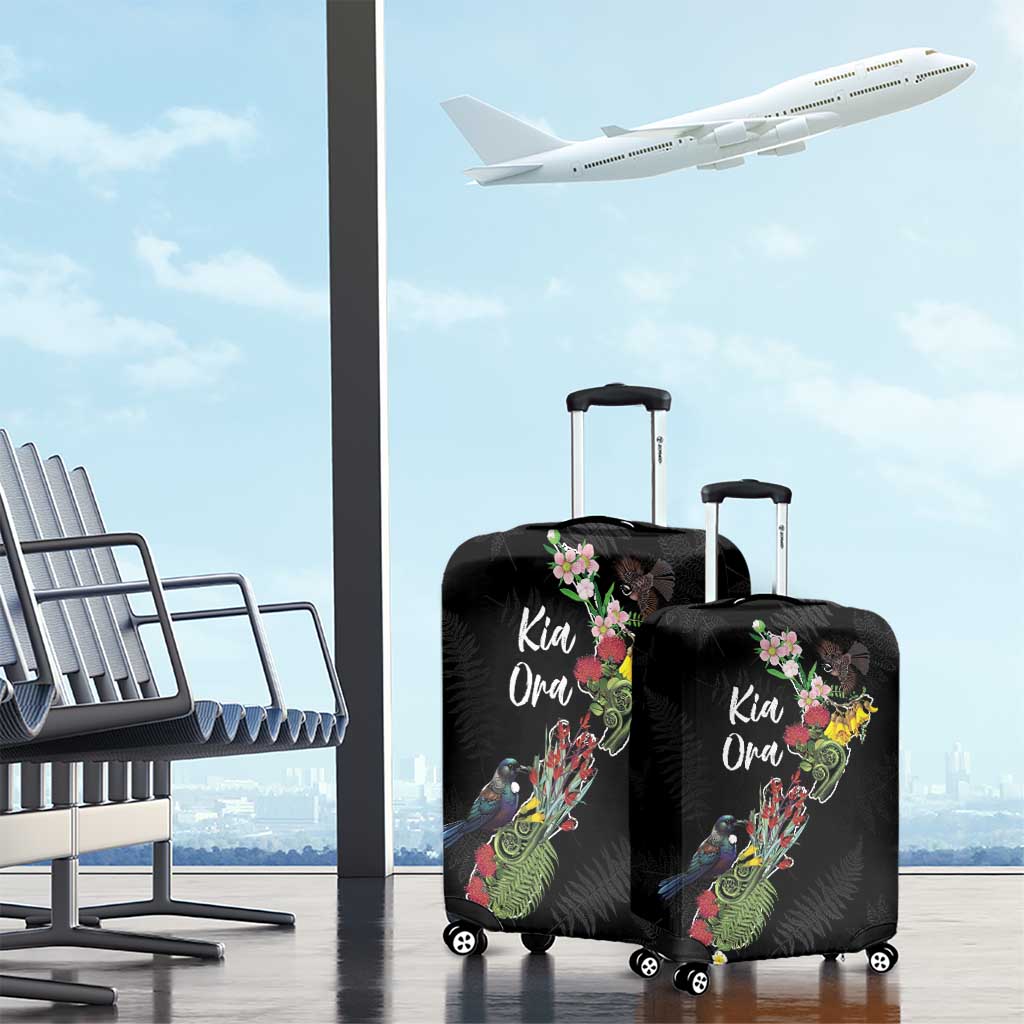 Kia Ora New Zealand Floral Luggage Cover Black - Aussie Hoodie