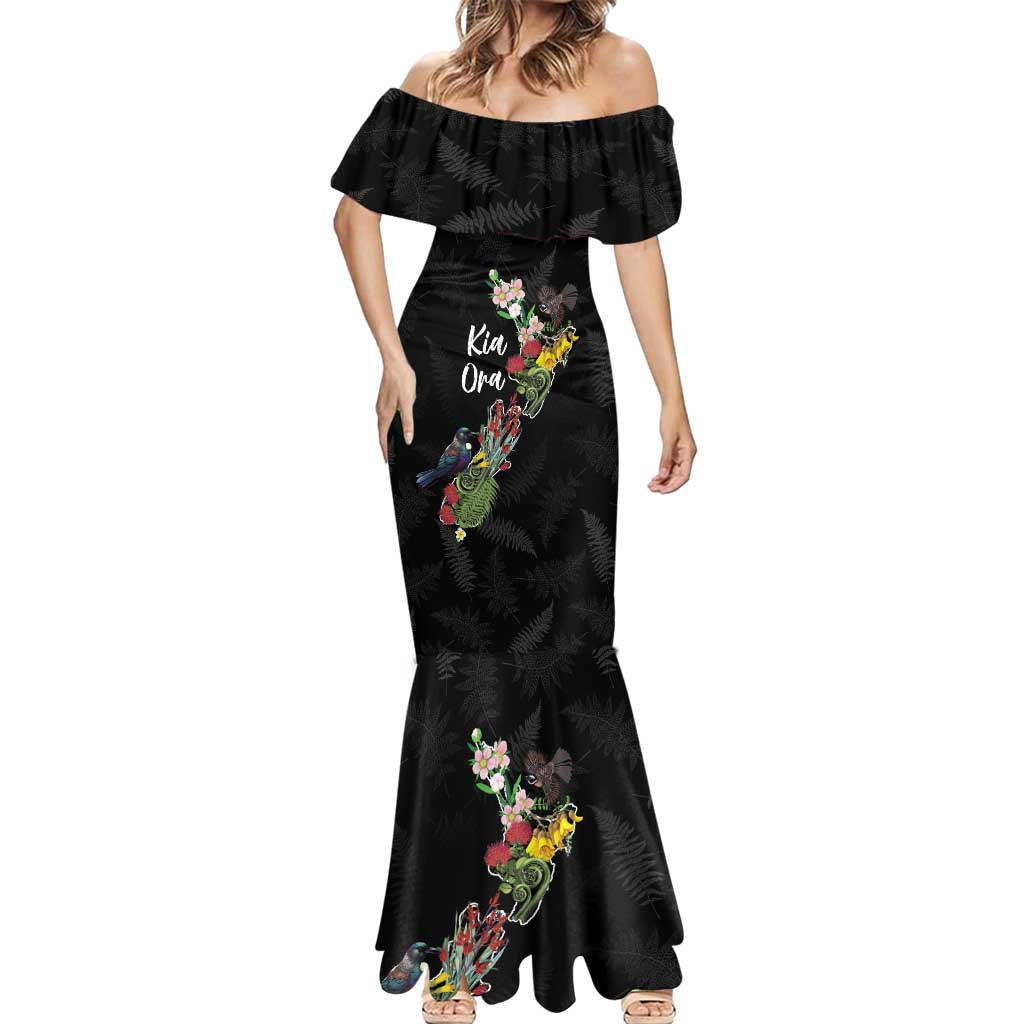 Kia Ora New Zealand Floral Personalized Mermaid Dress Black - Aussie Hoodie