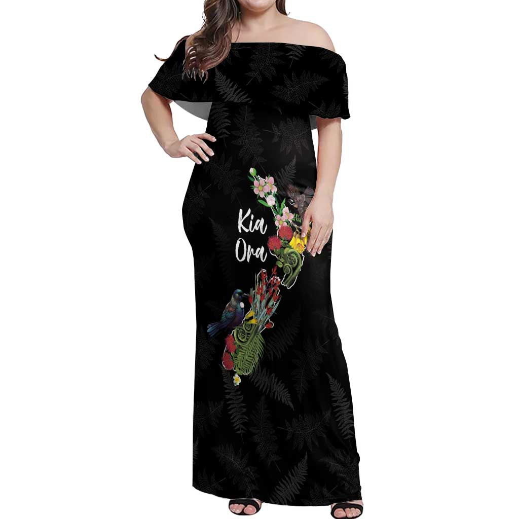 Kia Ora New Zealand Floral Personalized Off Shoulder Maxi Dress Black - Aussie Hoodie