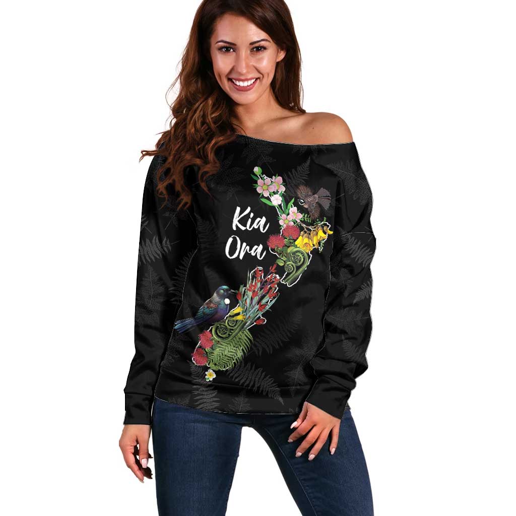 Kia Ora New Zealand Floral Personalized Off Shoulder Sweater Black - Aussie Hoodie