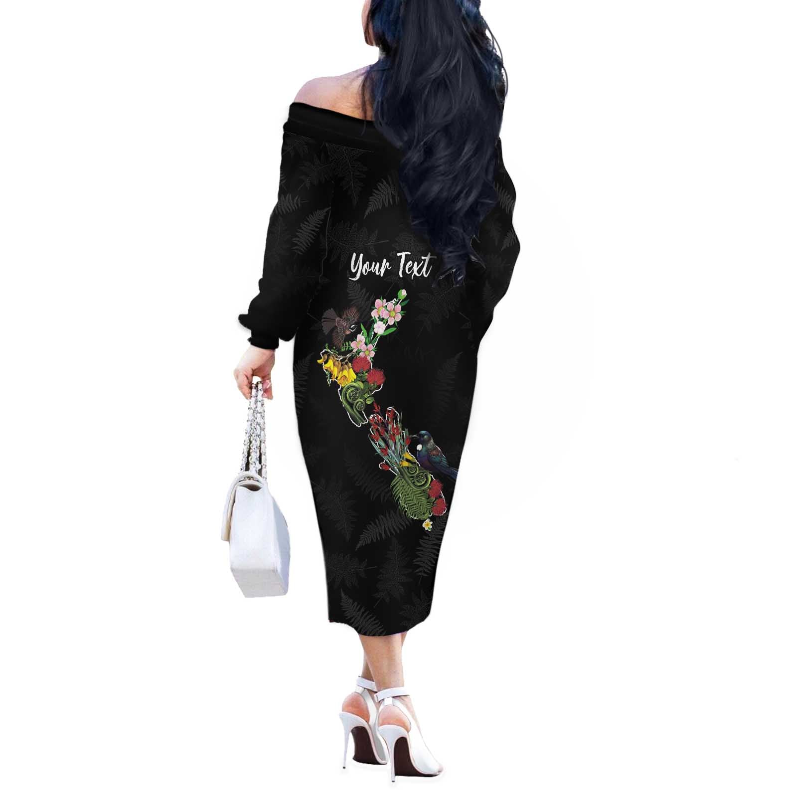 Kia Ora New Zealand Floral Personalized Off The Shoulder Long Sleeve Dress Black - Aussie Hoodie