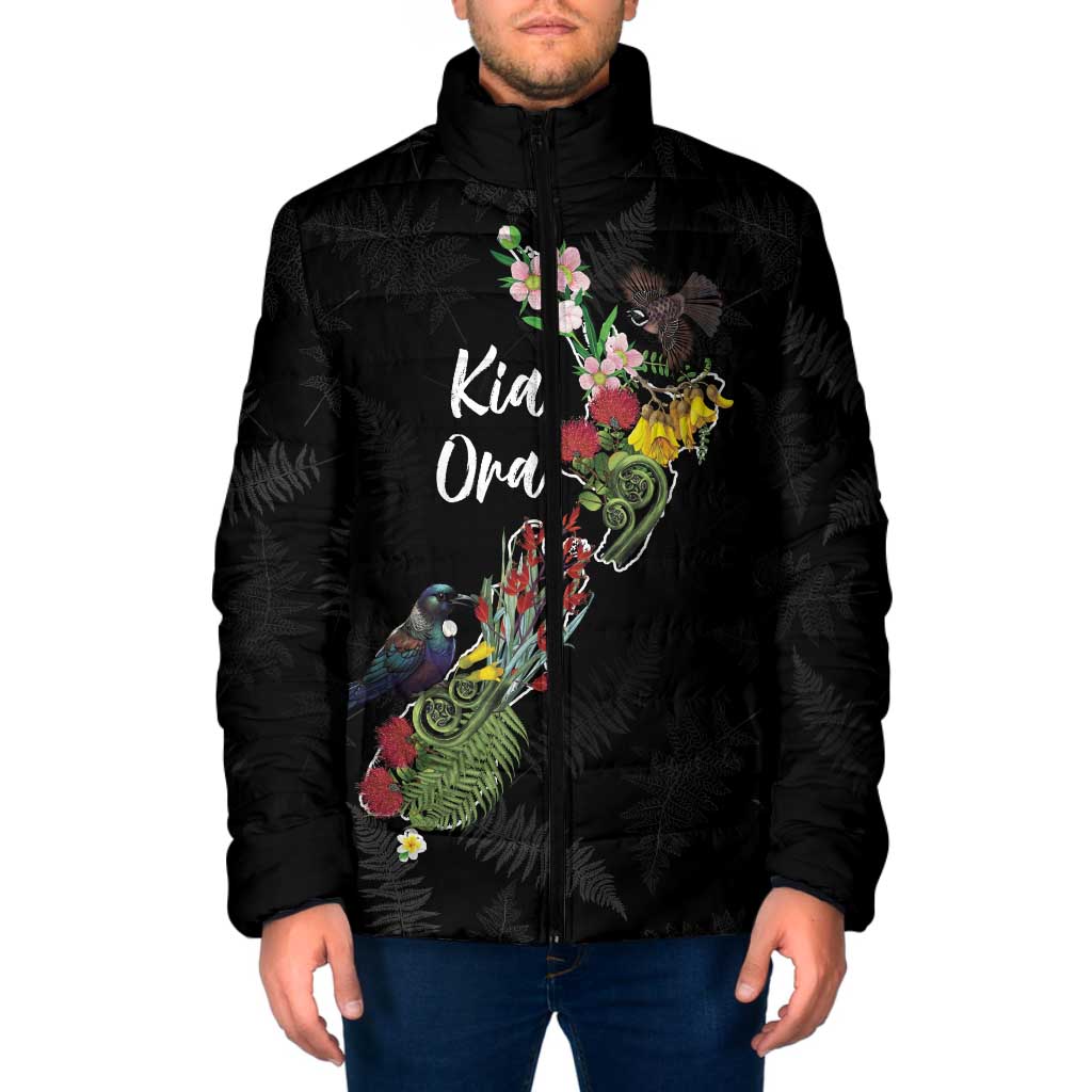 Kia Ora New Zealand Floral Personalized Padded Jacket Black - Aussie Hoodie