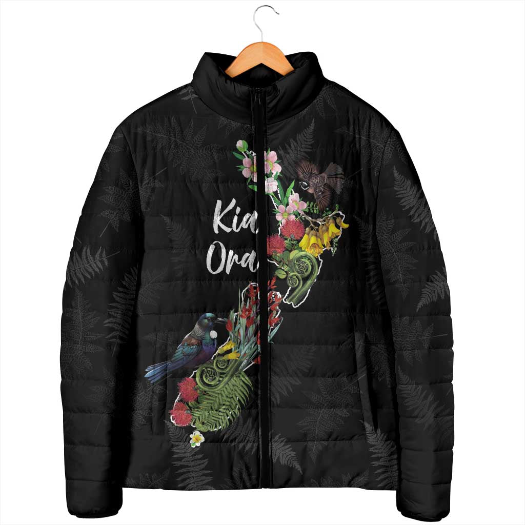 Kia Ora New Zealand Floral Personalized Padded Jacket Black - Aussie Hoodie