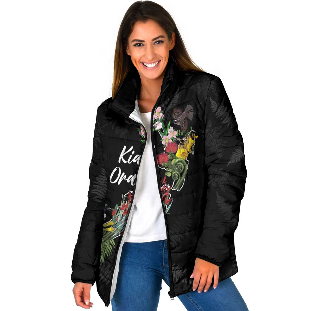 Kia Ora New Zealand Floral Personalized Padded Jacket Black - Aussie Hoodie