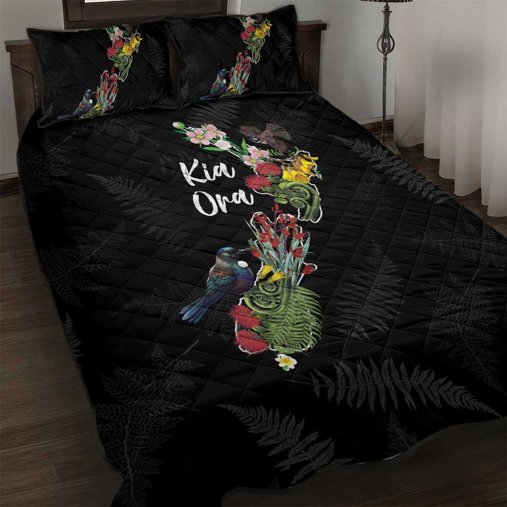 Kia Ora New Zealand Floral Quilt Bed Set Black - Aussie Hoodie