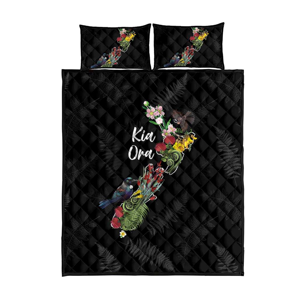 Kia Ora New Zealand Floral Quilt Bed Set Black - Aussie Hoodie