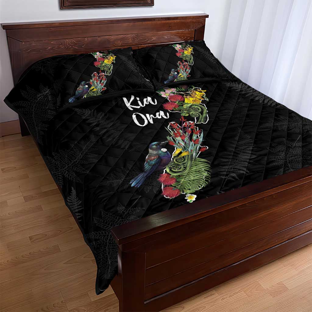 Kia Ora New Zealand Floral Quilt Bed Set Black - Aussie Hoodie