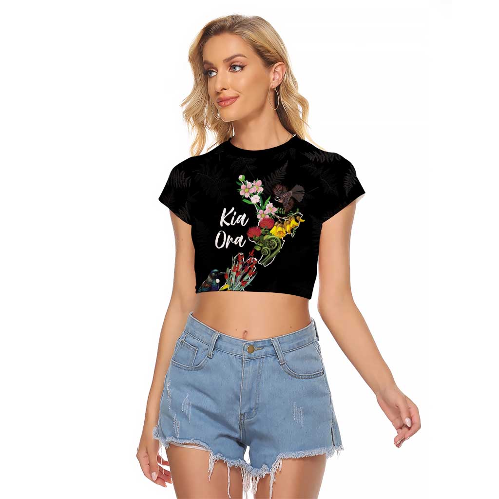 Kia Ora New Zealand Floral Personalized Raglan Cropped T Shirt Black - Aussie Hoodie