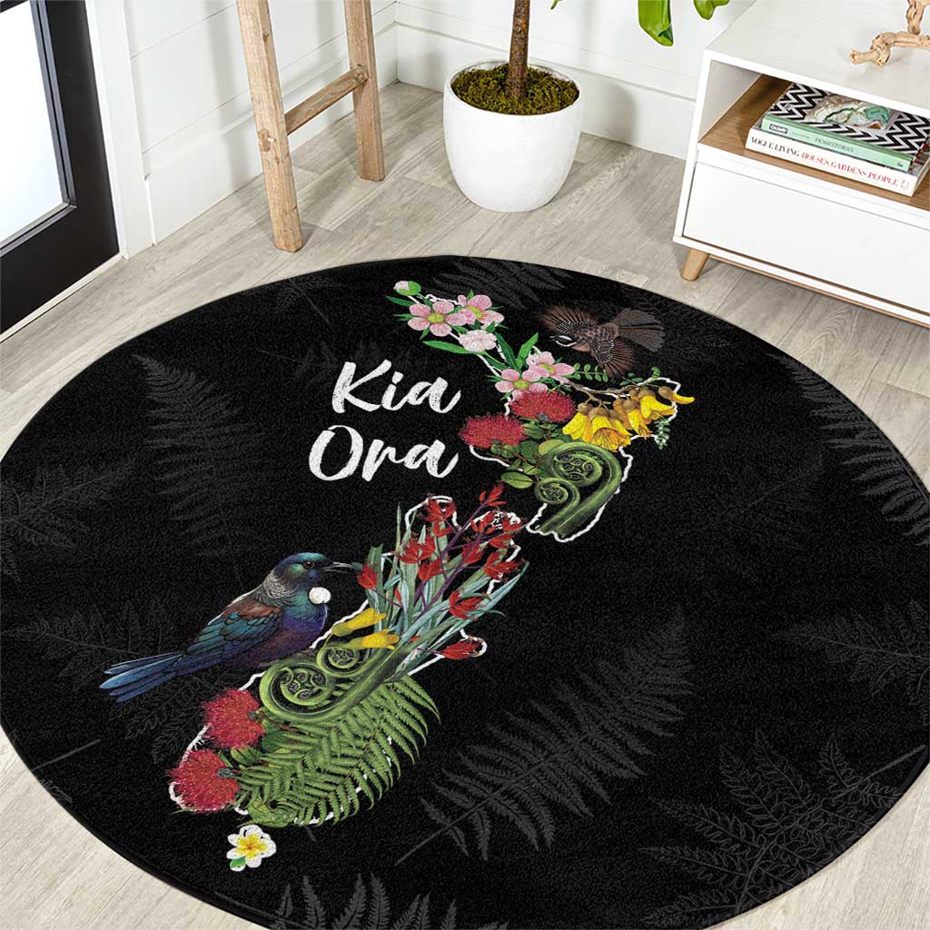 Kia Ora New Zealand Floral Round Carpet Black - Aussie Hoodie