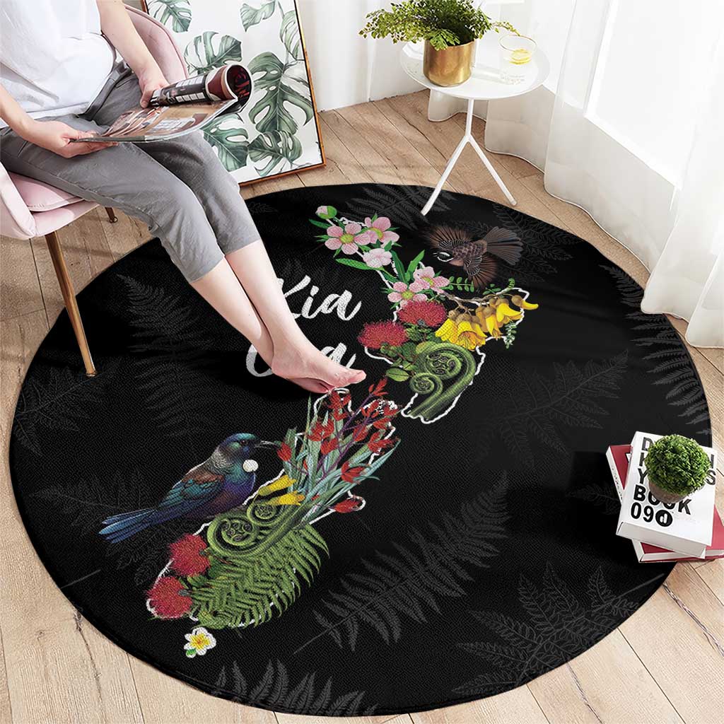 Kia Ora New Zealand Floral Round Carpet Black - Aussie Hoodie