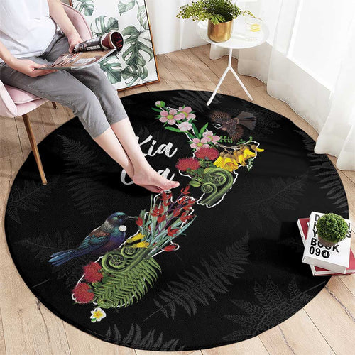 Kia Ora New Zealand Floral Round Carpet Black - Aussie Hoodie