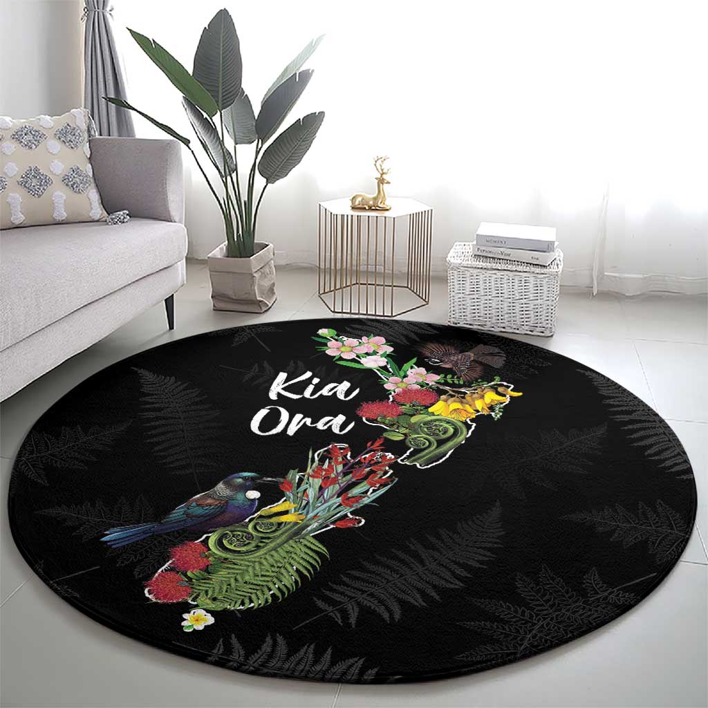 Kia Ora New Zealand Floral Round Carpet Black - Aussie Hoodie