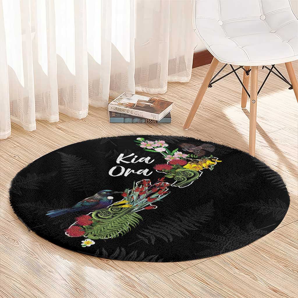 Kia Ora New Zealand Floral Round Carpet Black - Aussie Hoodie