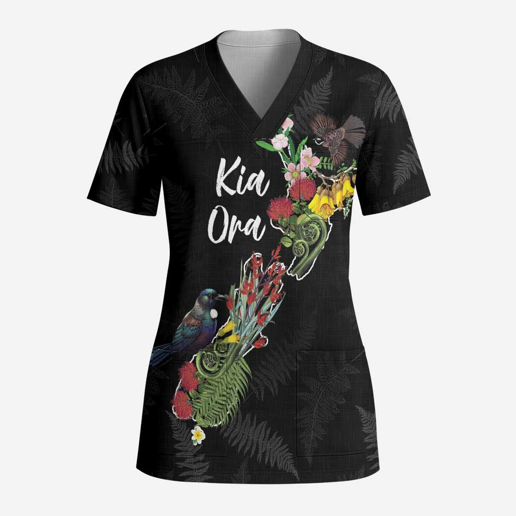 Kia Ora New Zealand Floral Personalized Scrub Top Black - Aussie Hoodie