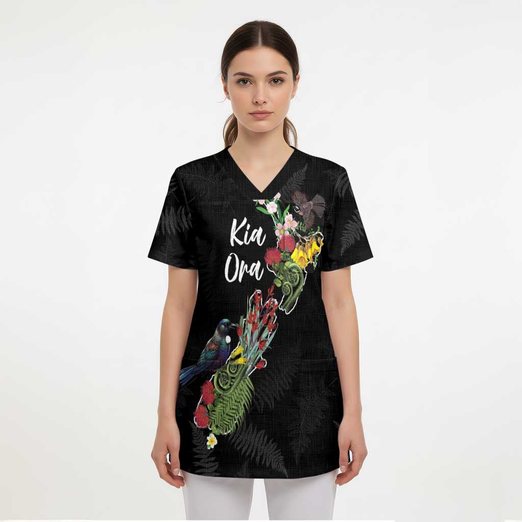 Kia Ora New Zealand Floral Personalized Scrub Top Black - Aussie Hoodie