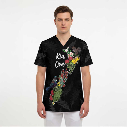 Kia Ora New Zealand Floral Personalized Scrub Top Black - Aussie Hoodie