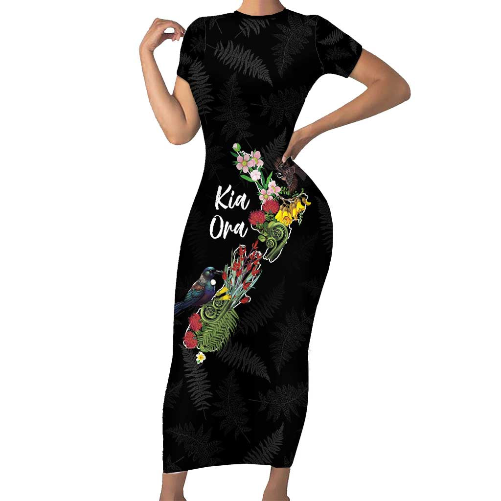 Kia Ora New Zealand Floral Personalized Short Sleeve Bodycon Dress Black - Aussie Hoodie