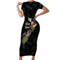 Kia Ora New Zealand Floral Personalized Short Sleeve Bodycon Dress Black - Aussie Hoodie