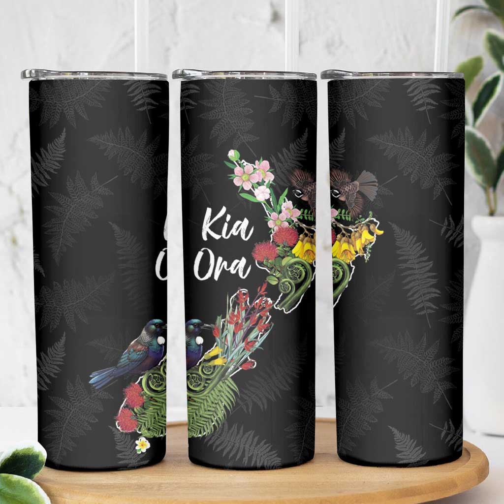 Kia Ora New Zealand Floral Skinny Tumbler Black - Aussie Hoodie