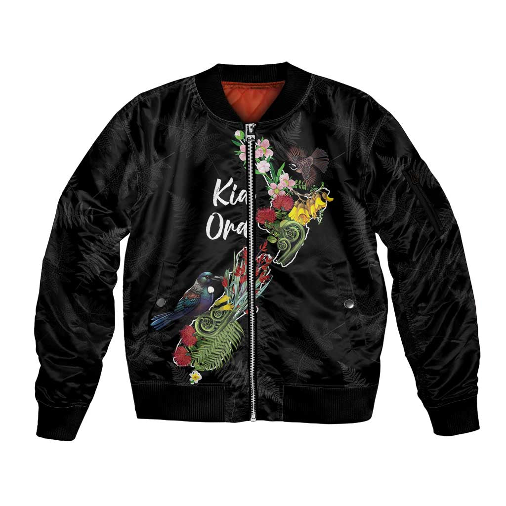 Kia Ora New Zealand Floral Personalized Sleeve Zip Bomber Jacket Black - Aussie Hoodie