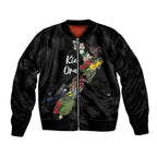Kia Ora New Zealand Floral Personalized Sleeve Zip Bomber Jacket Black - Aussie Hoodie