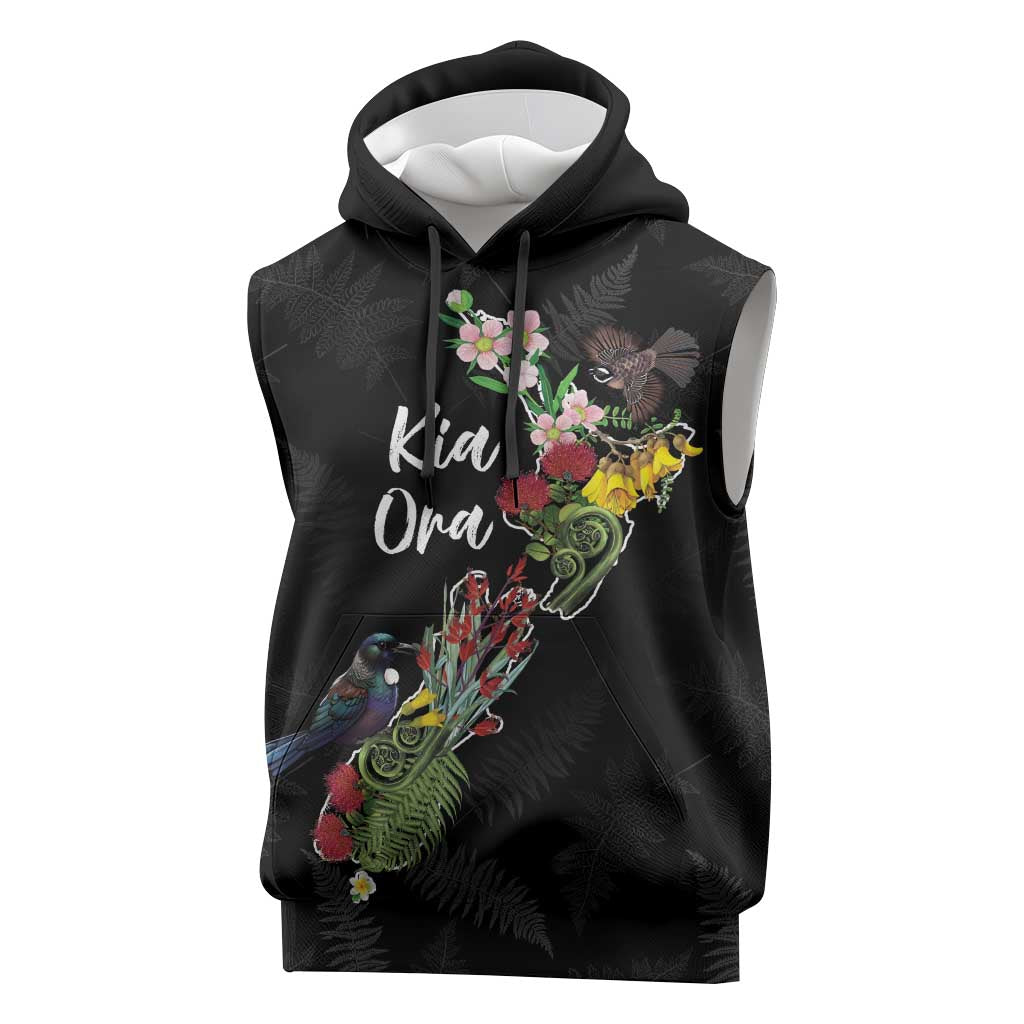 Kia Ora New Zealand Floral Personalized Sleeveless Hoodie Black - Aussie Hoodie