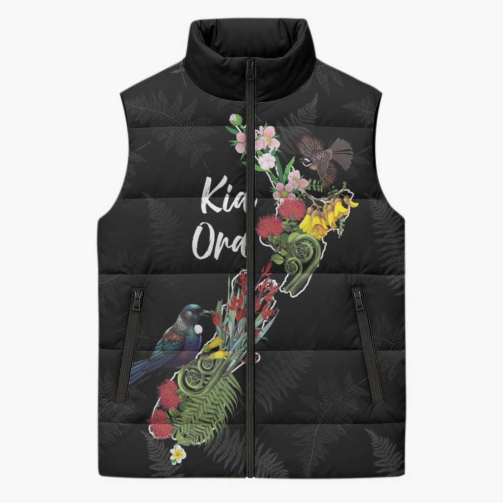 Kia Ora New Zealand Floral Personalized Sleeveless Puffer Jacket Black - Aussie Hoodie