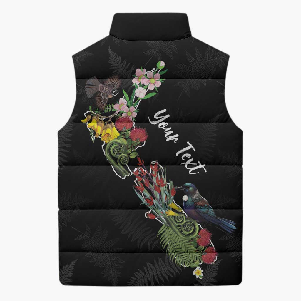 Kia Ora New Zealand Floral Personalized Sleeveless Puffer Jacket Black - Aussie Hoodie
