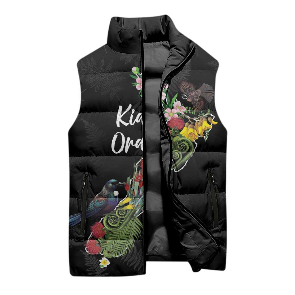 Kia Ora New Zealand Floral Personalized Sleeveless Puffer Jacket Black - Aussie Hoodie