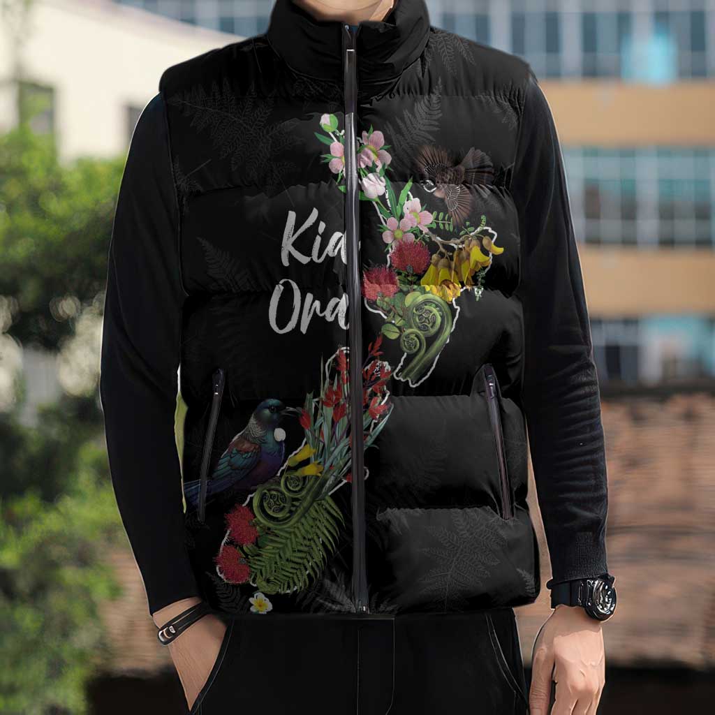 Kia Ora New Zealand Floral Personalized Sleeveless Puffer Jacket Black - Aussie Hoodie