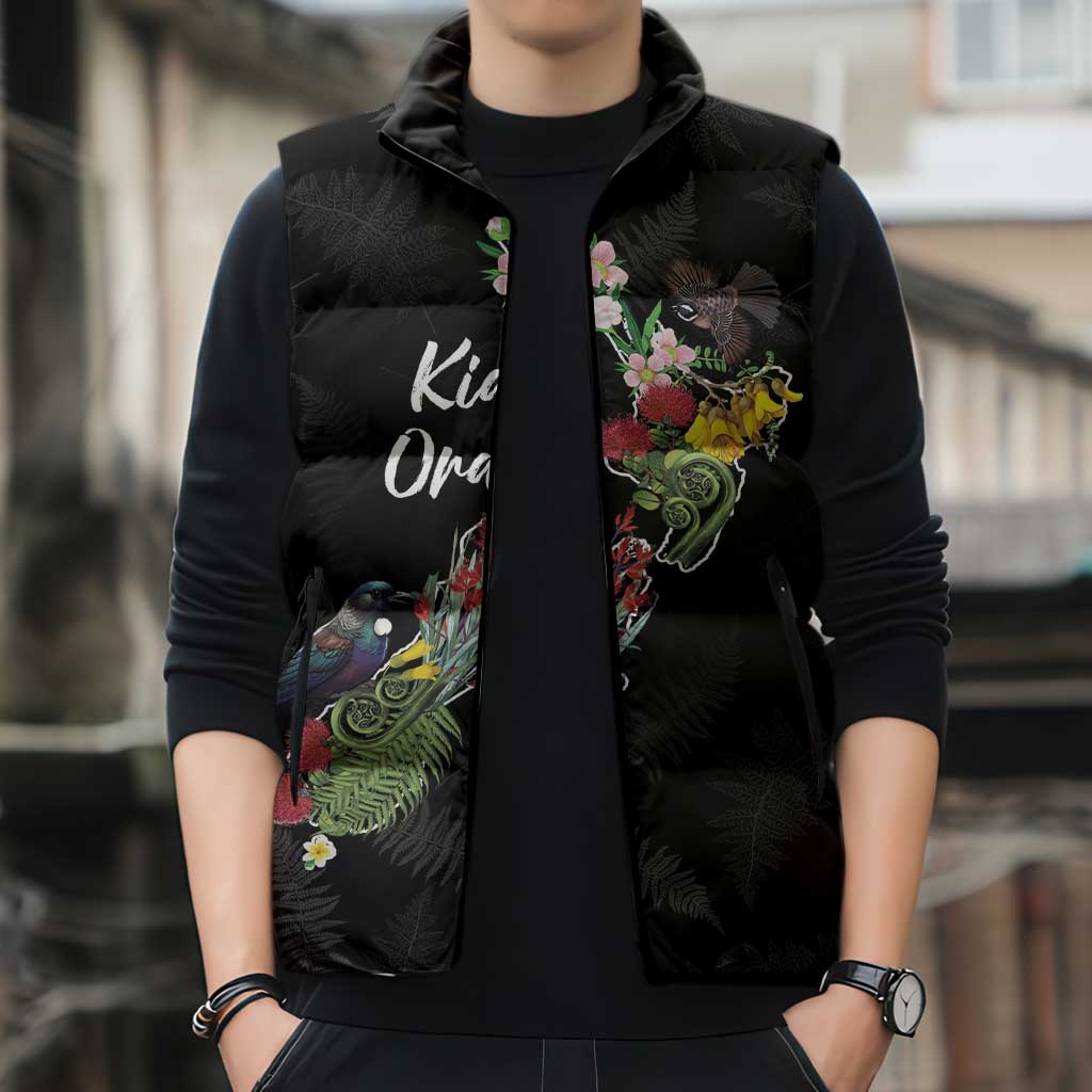 Kia Ora New Zealand Floral Personalized Sleeveless Puffer Jacket Black - Aussie Hoodie