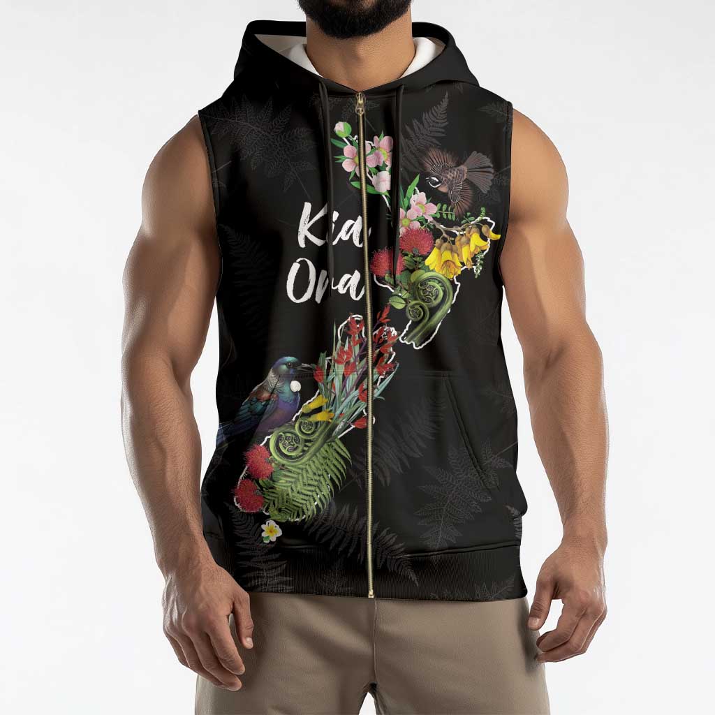 Kia Ora New Zealand Floral Personalized Sleeveless Zip Hoodie Black - Aussie Hoodie