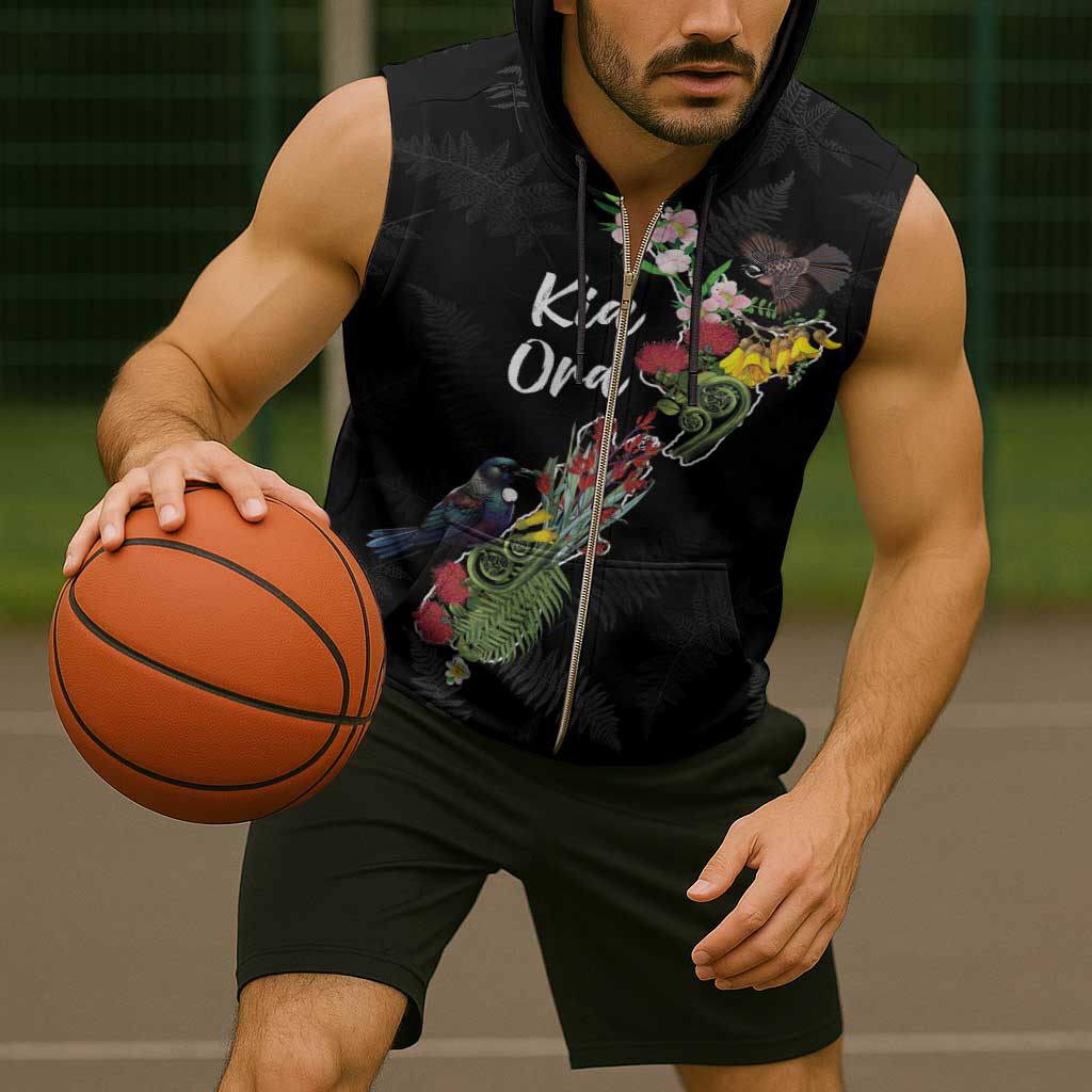 Kia Ora New Zealand Floral Personalized Sleeveless Zip Hoodie Black - Aussie Hoodie