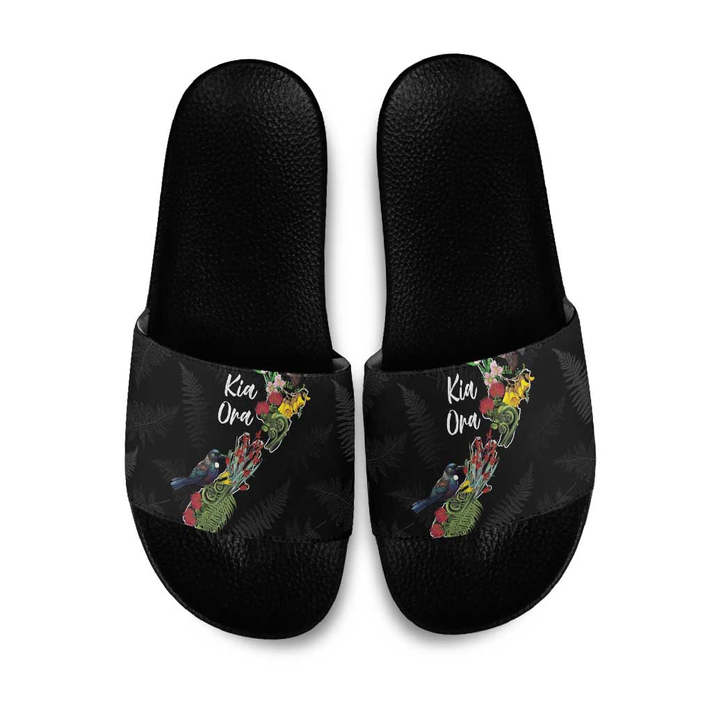 Kia Ora New Zealand Floral Slide Sandals Black - Aussie Hoodie