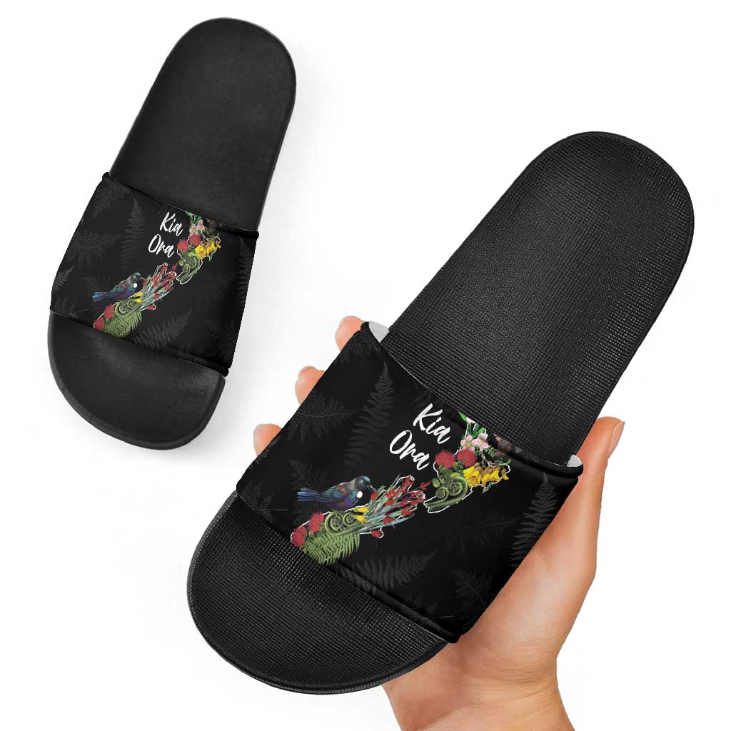 Kia Ora New Zealand Floral Slide Sandals Black - Aussie Hoodie