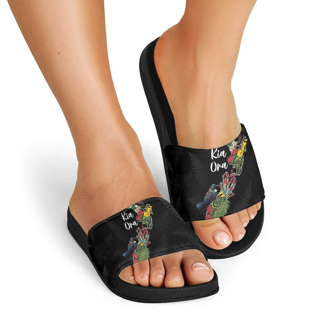 Kia Ora New Zealand Floral Slide Sandals Black - Aussie Hoodie