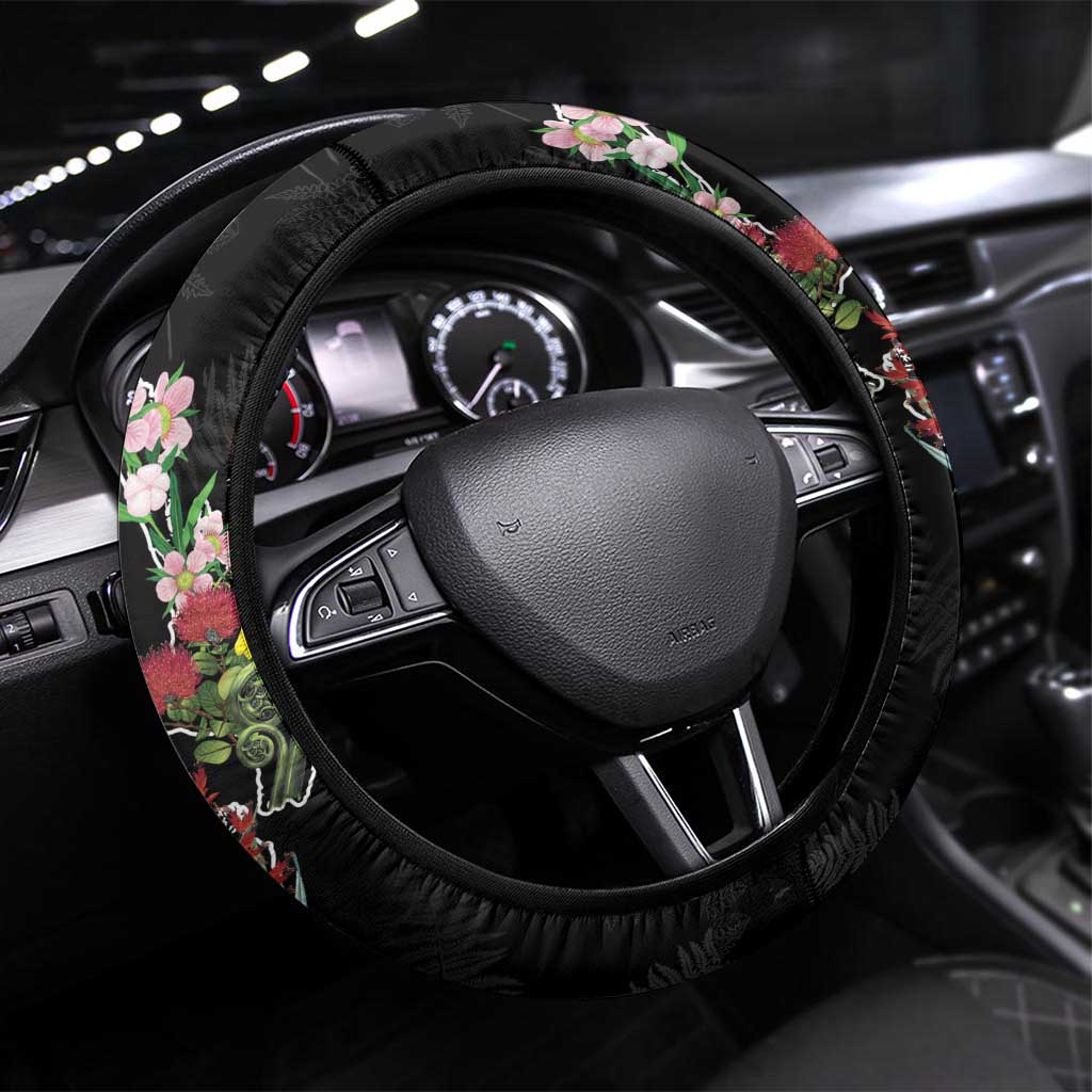 Kia Ora New Zealand Floral Steering Wheel Cover Black - Aussie Hoodie