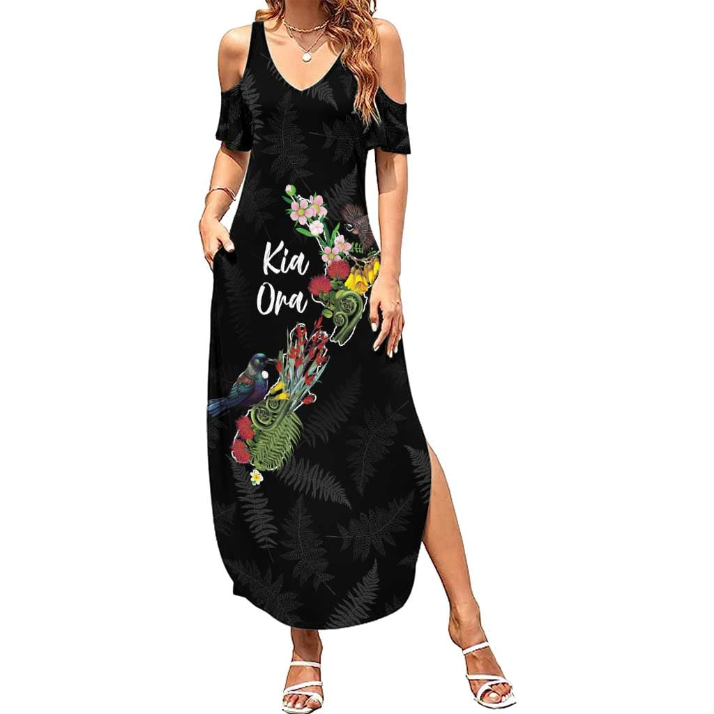 Kia Ora New Zealand Floral Personalized Summer Maxi Dress Black - Aussie Hoodie