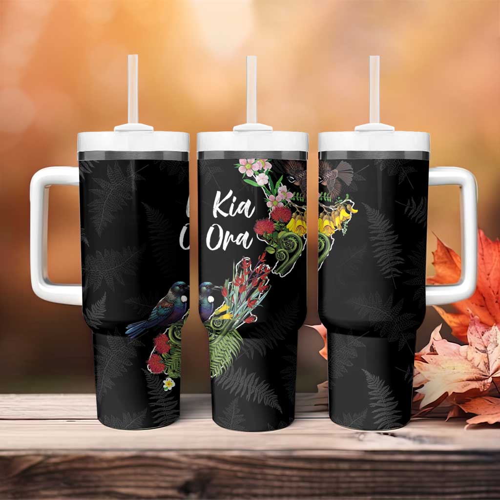 Kia Ora New Zealand Floral Tumbler With Handle Black - Aussie Hoodie