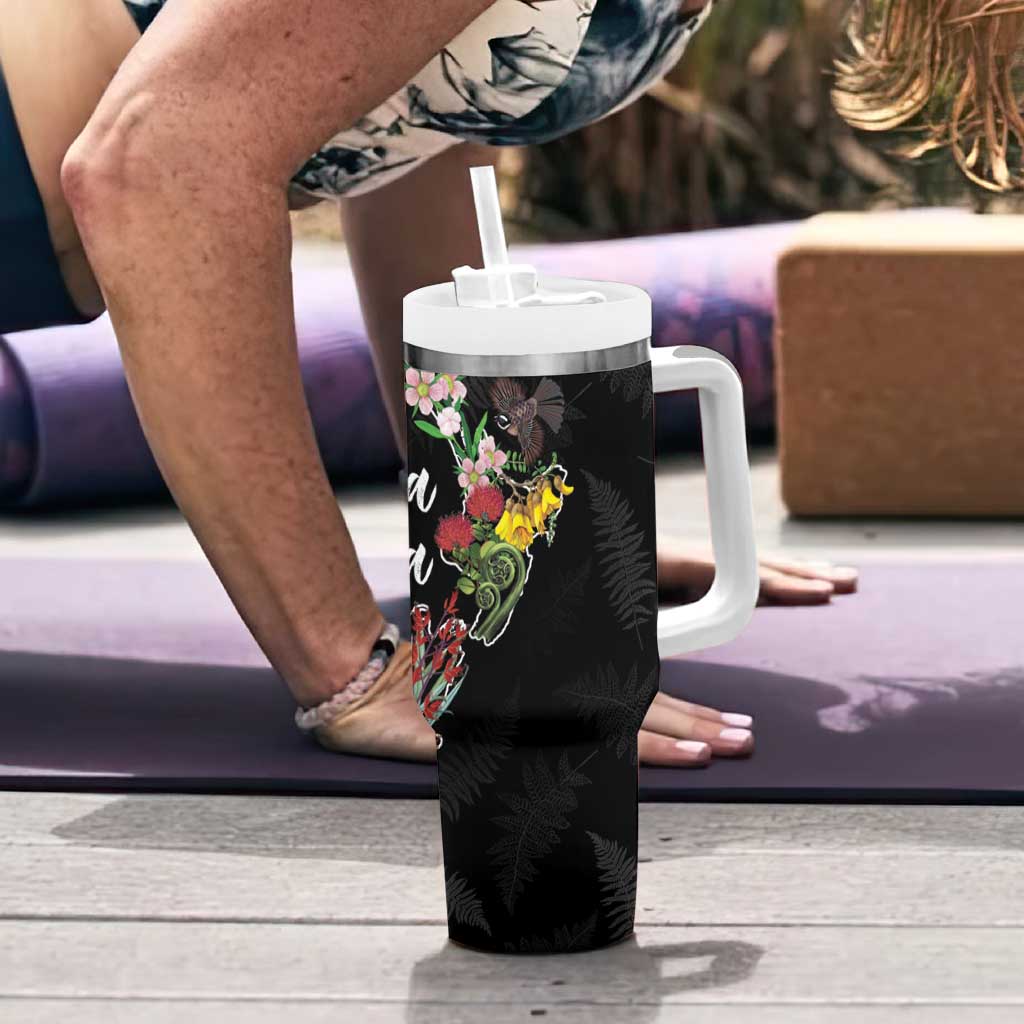 Kia Ora New Zealand Floral Tumbler With Handle Black - Aussie Hoodie