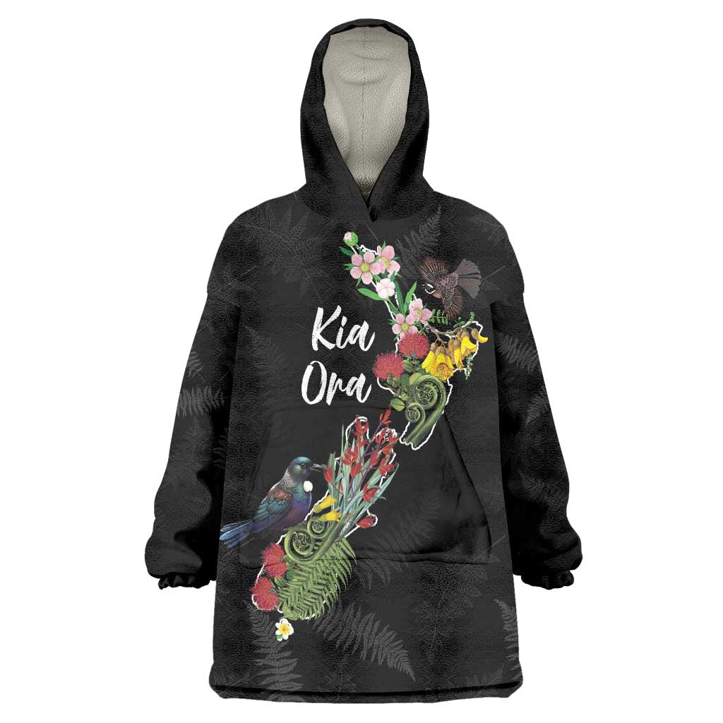 Kia Ora New Zealand Floral Personalized Wearable Blanket Hoodie Black - Aussie Hoodie