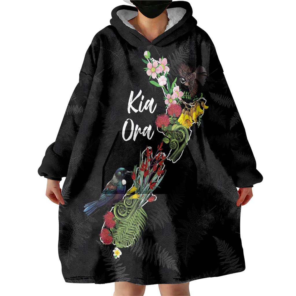 Kia Ora New Zealand Floral Personalized Wearable Blanket Hoodie Black - Aussie Hoodie