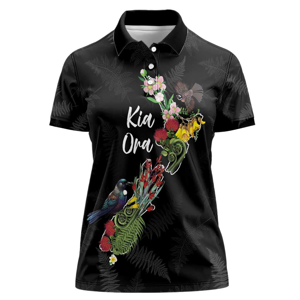 Kia Ora New Zealand Floral Personalized Women Polo Shirt Black - Aussie Hoodie