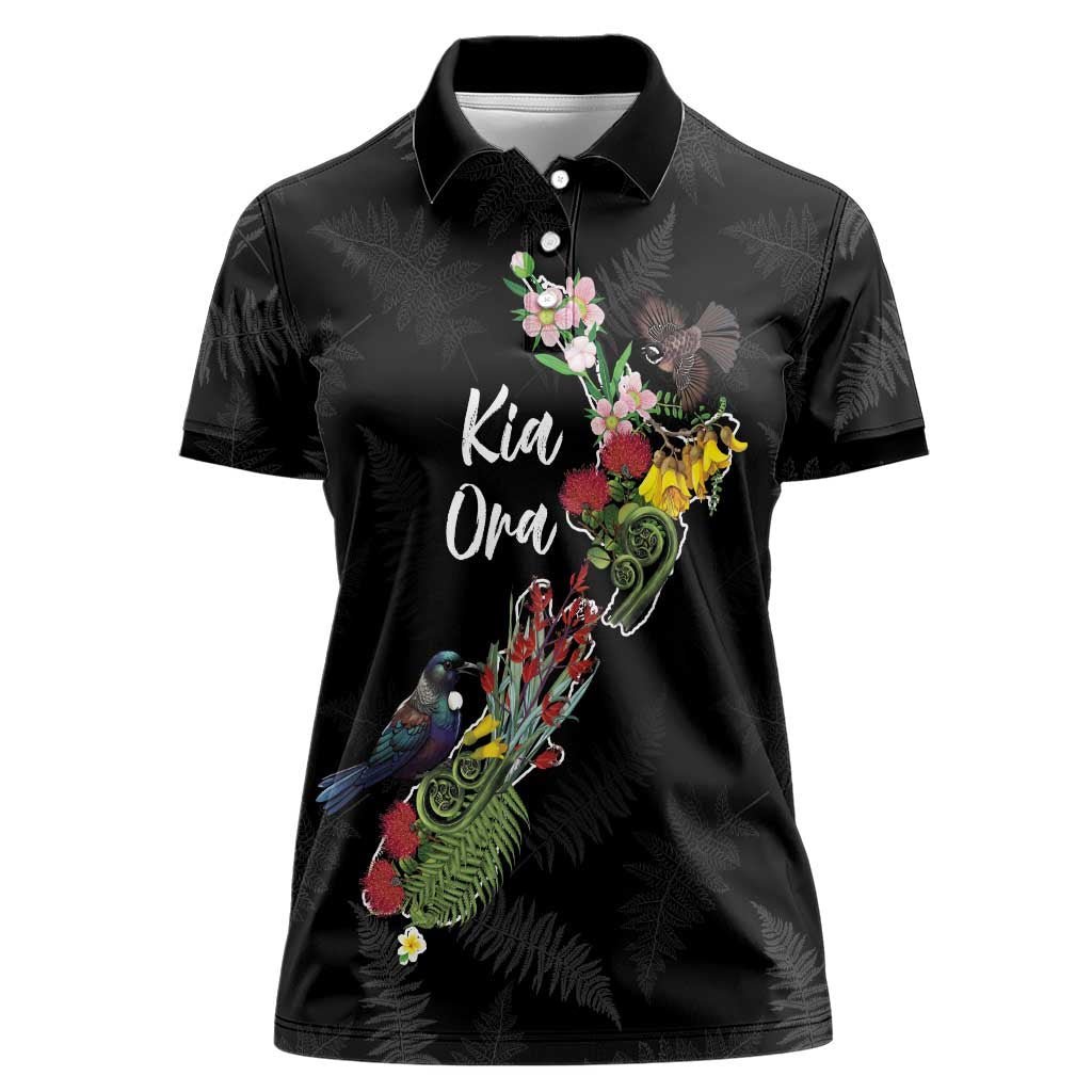 Kia Ora New Zealand Floral Personalized Women Polo Shirt Black - Aussie Hoodie
