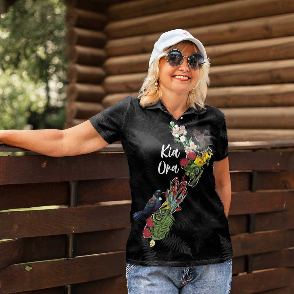 Kia Ora New Zealand Floral Personalized Women Polo Shirt Black - Aussie Hoodie