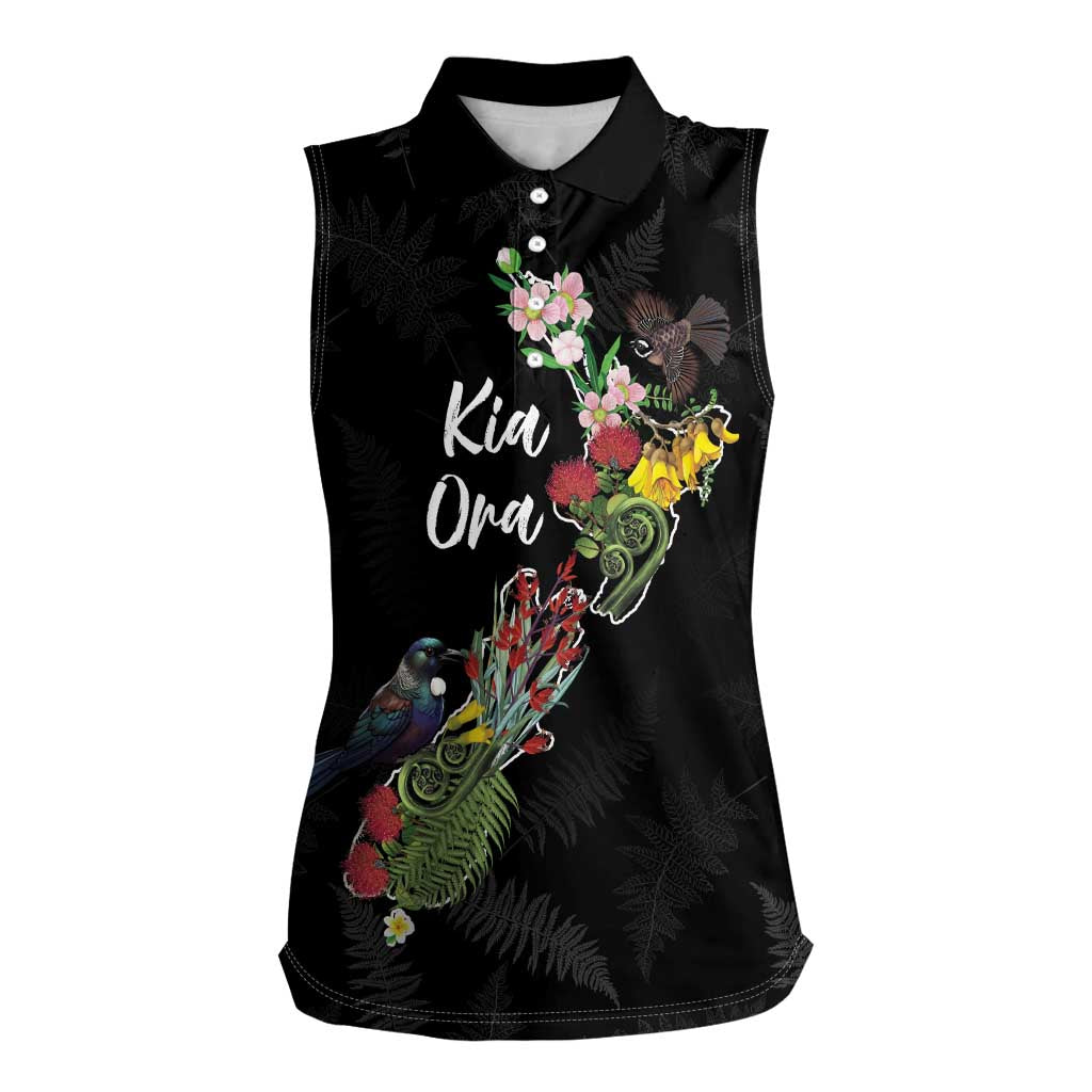 Kia Ora New Zealand Floral Personalized Women Sleeveless Polo Shirt Black - Aussie Hoodie