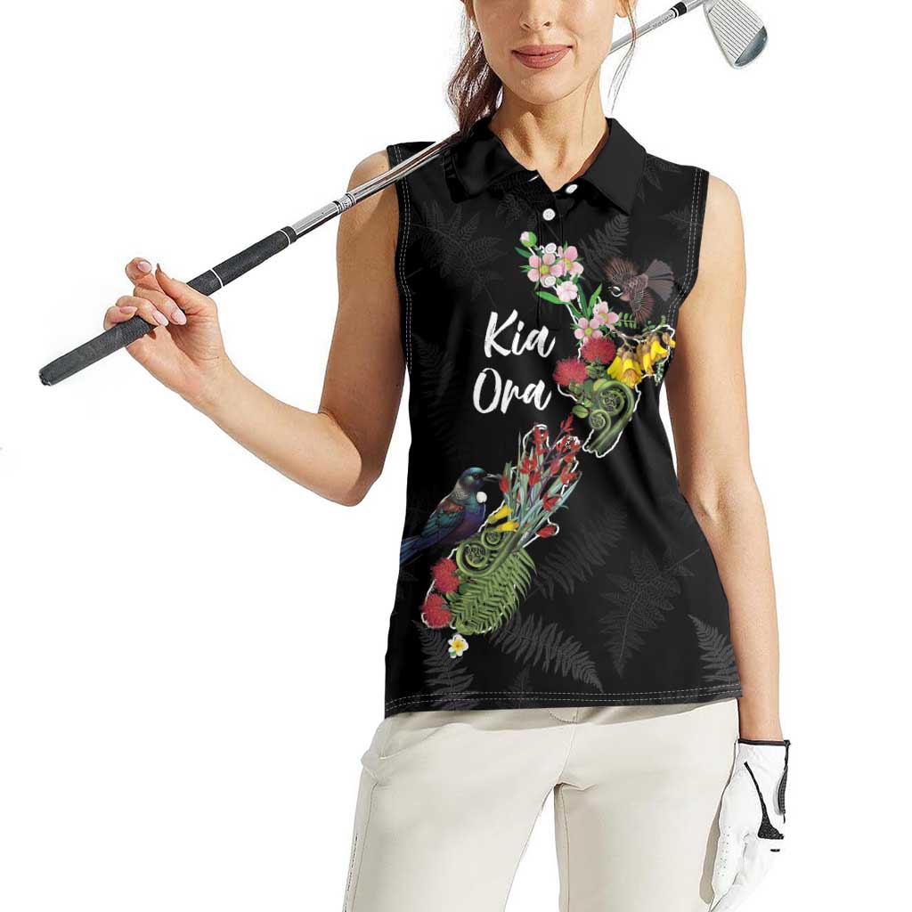 Kia Ora New Zealand Floral Personalized Women Sleeveless Polo Shirt Black - Aussie Hoodie