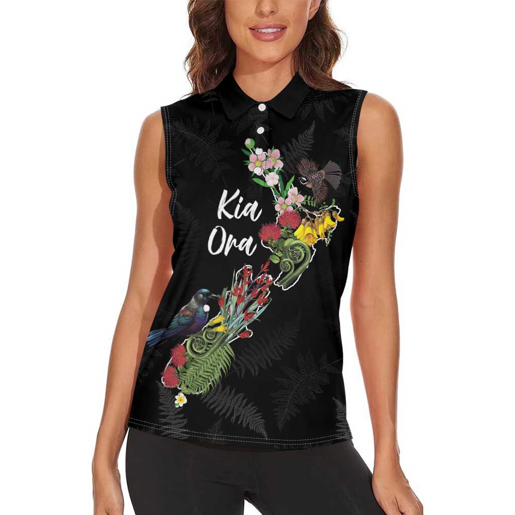 Kia Ora New Zealand Floral Personalized Women Sleeveless Polo Shirt Black - Aussie Hoodie