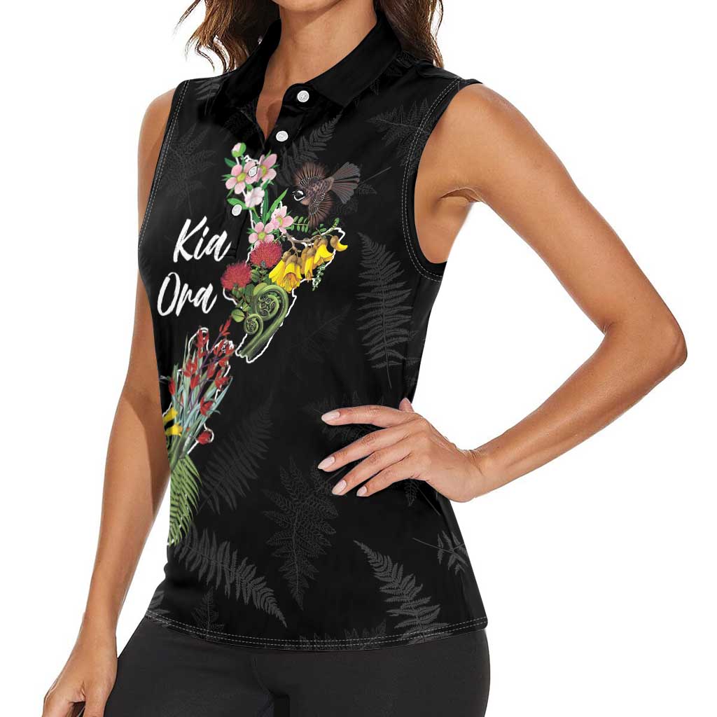 Kia Ora New Zealand Floral Personalized Women Sleeveless Polo Shirt Black - Aussie Hoodie