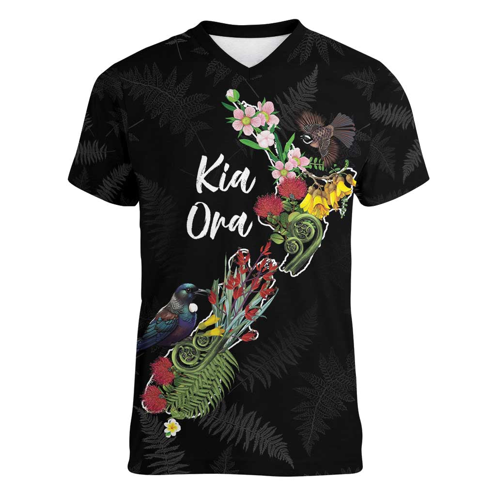 Kia Ora New Zealand Floral Personalized Women V-Neck T-Shirt Black - Aussie Hoodie